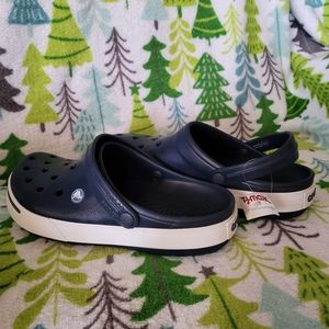 Blue/white crocs, M8/W10